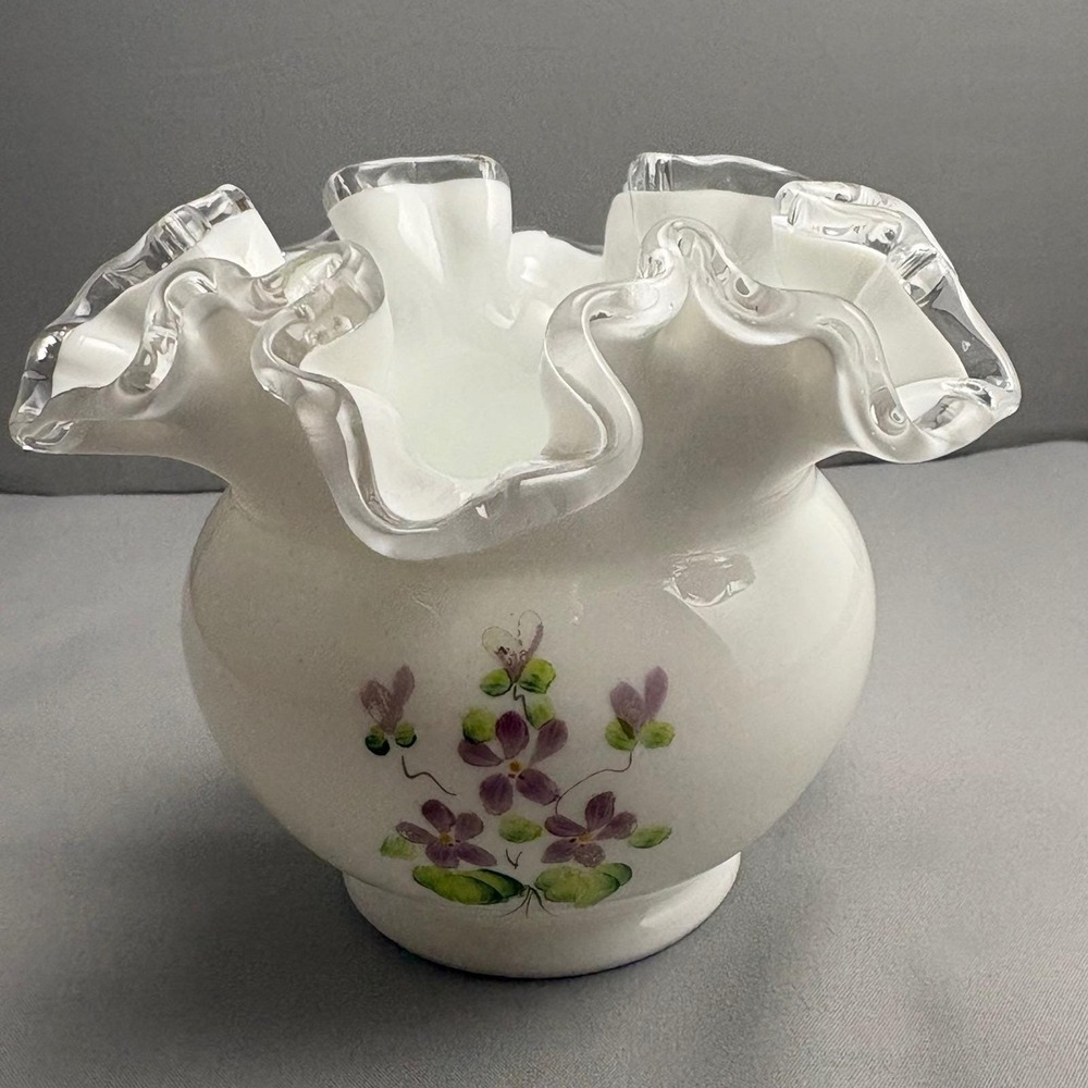 Fenton Silver Crest Vase Lilacs In The Snow Hand Painted Ruffled Milk Glass